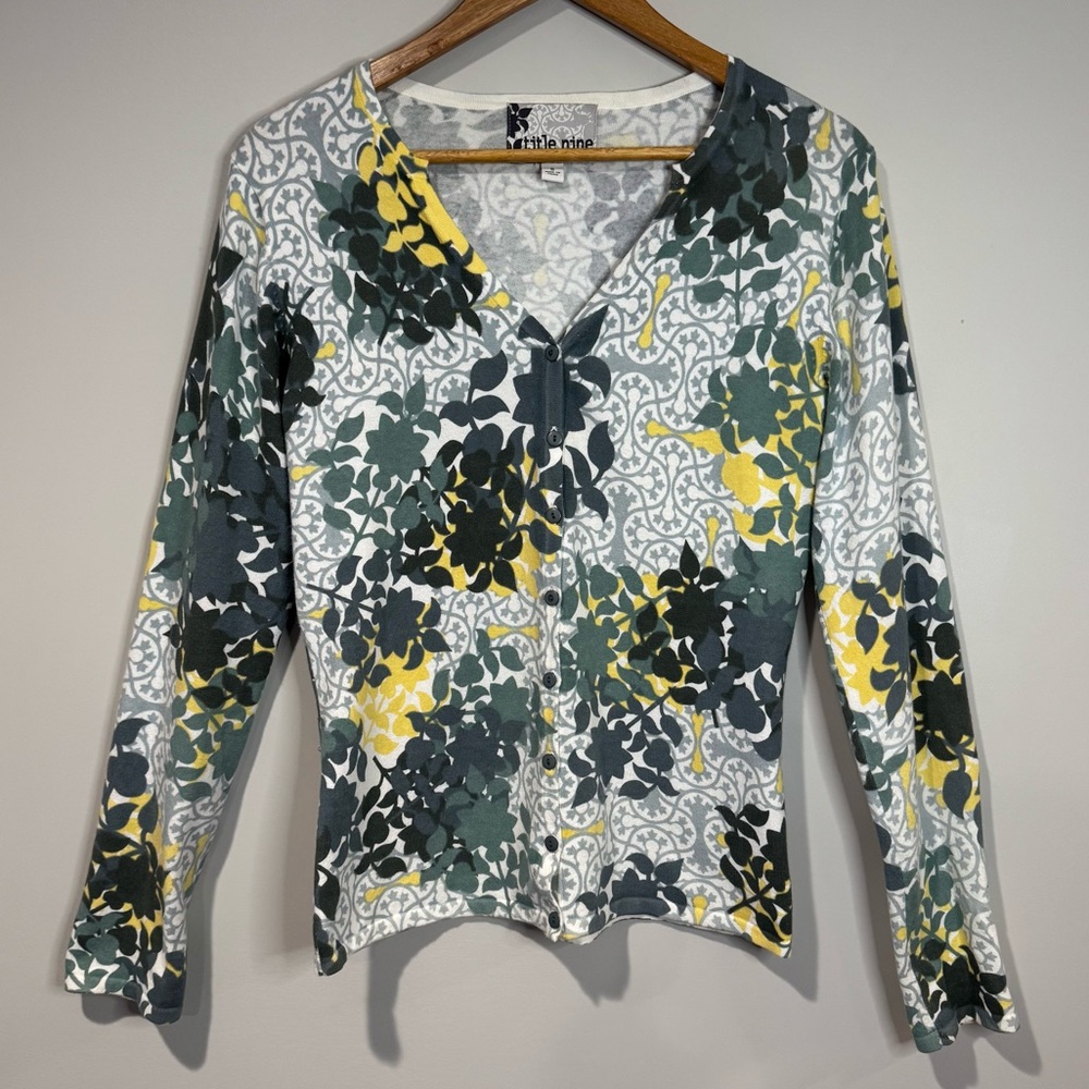 Title Nine Grey Yellow Floral Button Front Knit Cardigan Cottagecore Boho Small